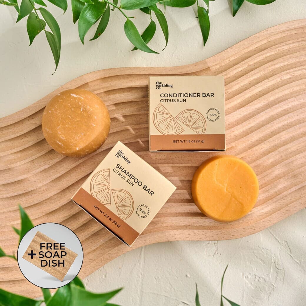50% Off Shampoo & Conditioner for Hair Strength and Moisture + Free 4" Wooden Soap Dish Citrus Sun