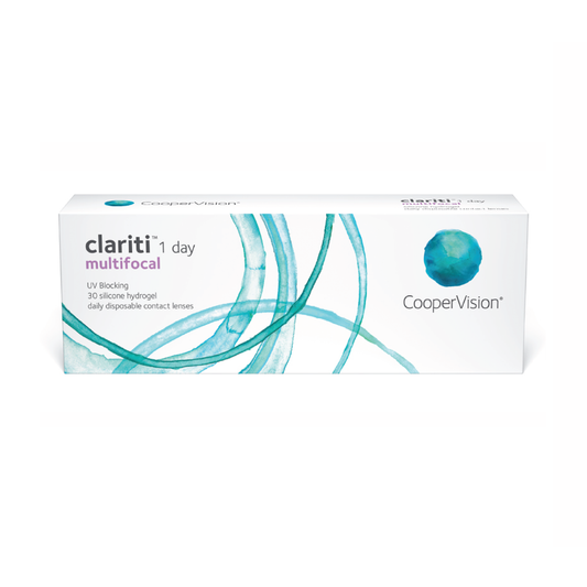 Clariti 1-Day Multifocal presbyopia contact lens - v sense optics coopervision daily disposable silicone hydrogel UV blocking comfort breathability wetting ability wear on eye cornea clear sharp vision sphere prescription 30 pack far distance intermediate computer up close reading progression