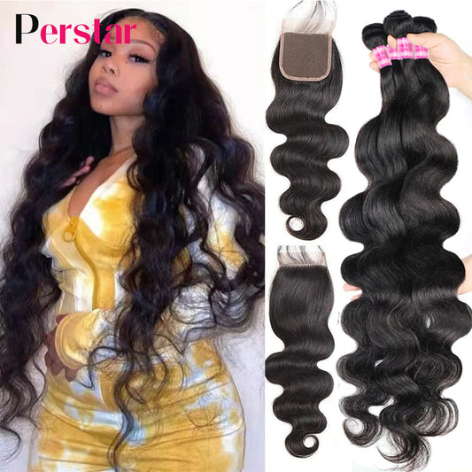 Perstar Human Hair Bundles With Closure Brazilian Body Wave Bundles