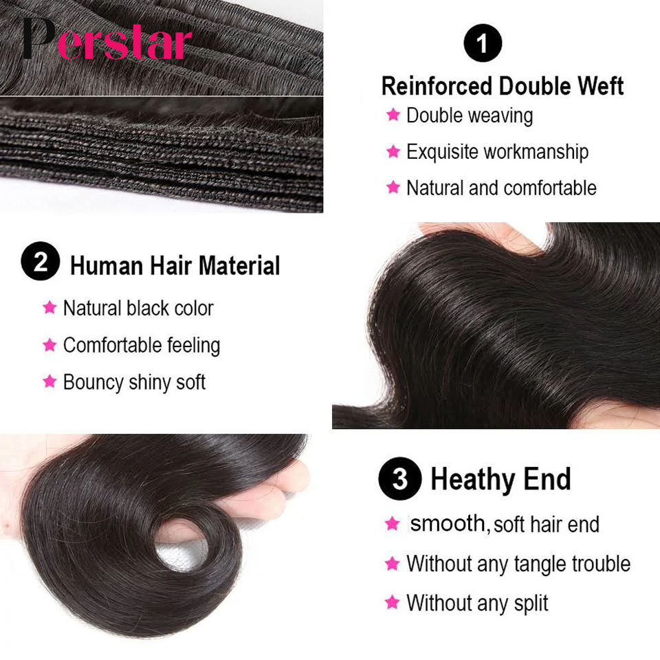 Perstar Human Hair Bundles With Closure Brazilian Body Wave Bundles