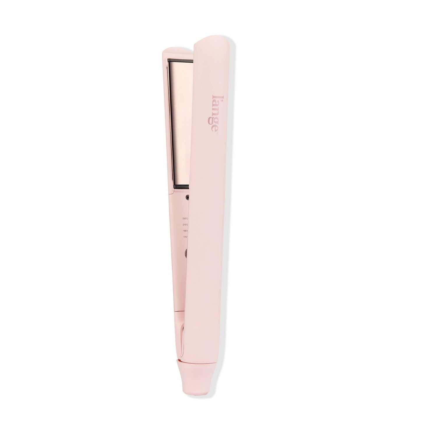 The blush-colored Straight Forward Titanium Flat Iron stands in a white background with a titanium plate showing.