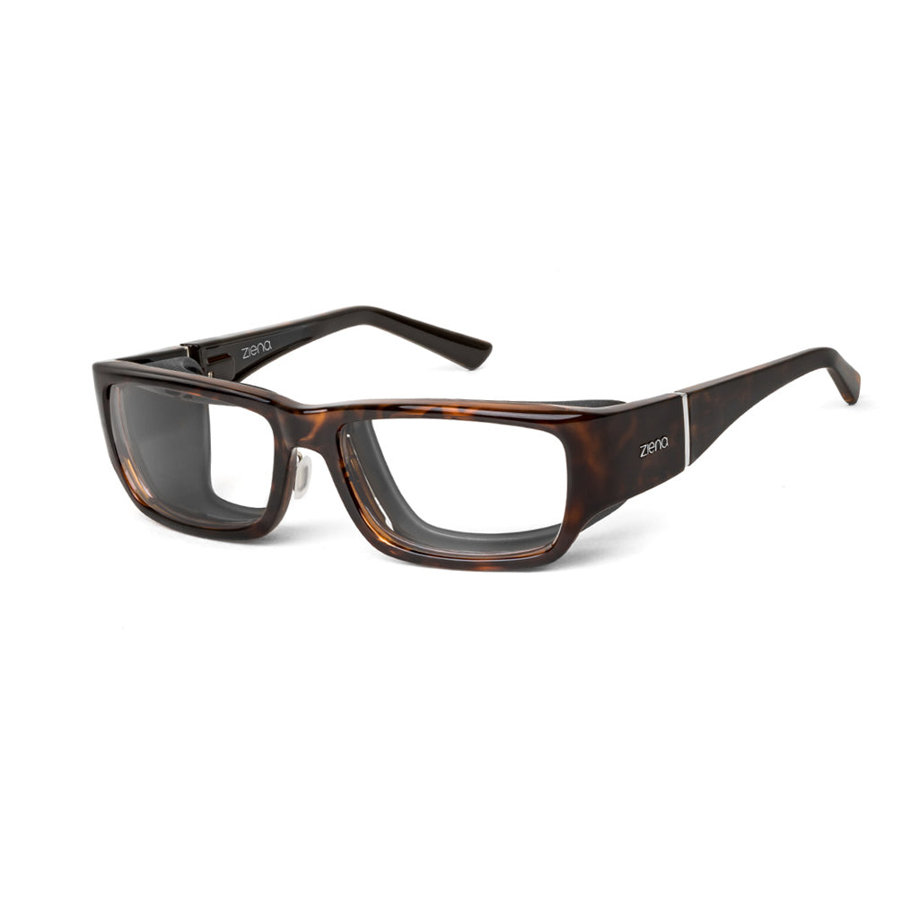 Ziena Nereus in Tortoise Frame with Black Eyecup and Clear Lens profile view