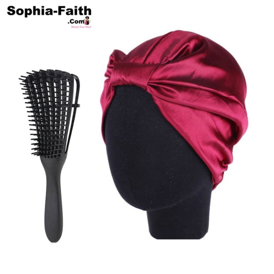 Wine Red Silk Salon Bonnet with Detangler - Gift Set